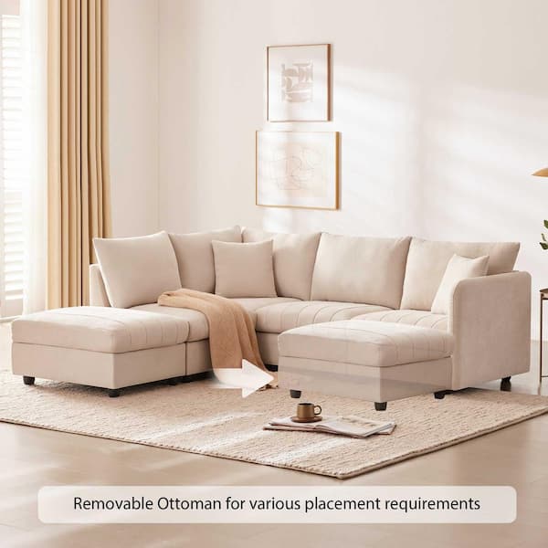 Polibi 89 in. Square Arm Fabric L-Shaped Sofa with Vertical Stripes in Beige