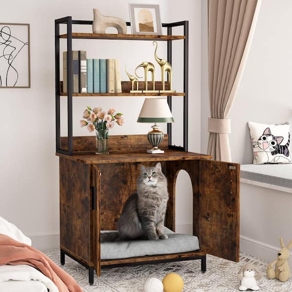 ALLOSWELL Litter Box Enclosure, Hidden Cat Washroom, Wooden Cat Enclosure  Furniture, Cat Box Cabinet Storage Bench, for Living Room, Rustic Brown  CWHR6001