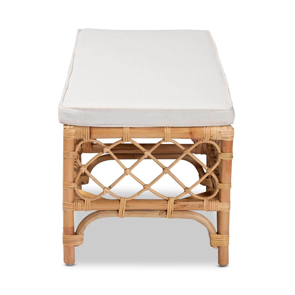 Serene Orchard White Fabric and Natural Rattan Bench - 48"