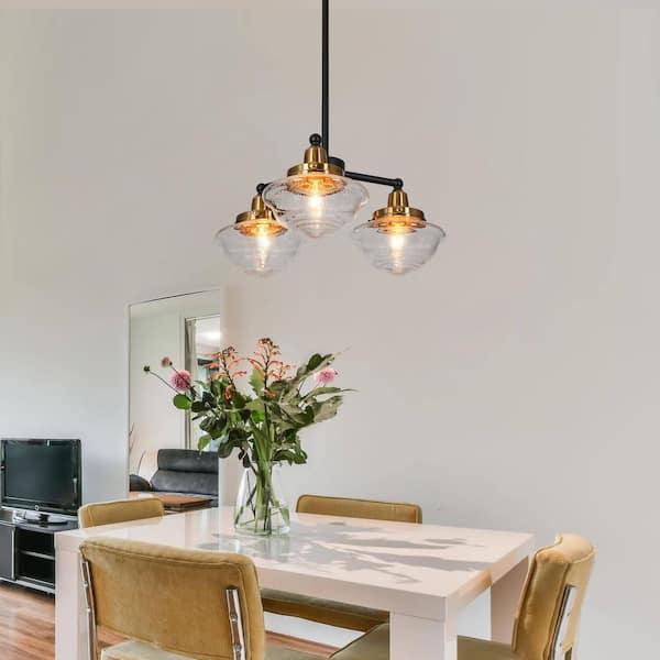 Farmhouse 16 in. 3-Light Plated Brass Sputnik Chandelier, Seeded Glass Black Pendant Light, Modern Hanging Light Fixture
