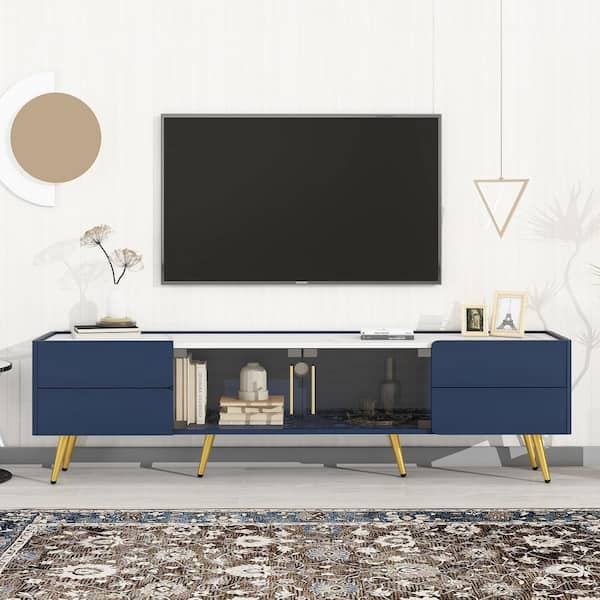 Polibi Modern Blue TV Stand Fits TV's Up to 80 in. with LED lights, 4 Drawers and 1 Cabinet with Brown Glass Door