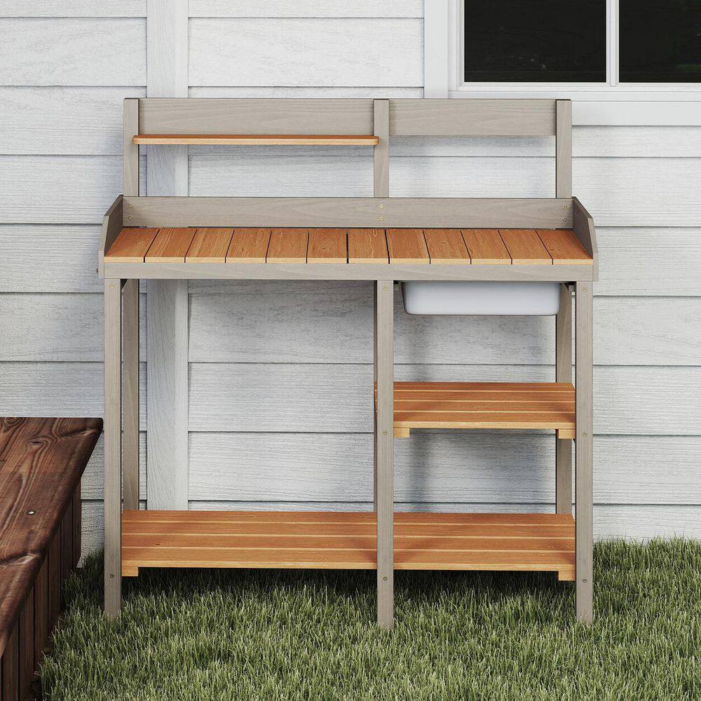 41.2 in. W x 43.3 in. H Brown Wood Outdoor Potting Bench and Table with Ope
