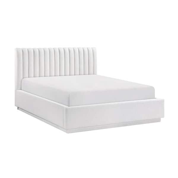 Bethel Natural White Wood Frame Textured Upholstery Queen Platform Bed