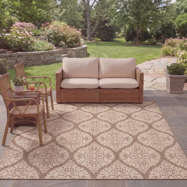 Courtyard 8 ft. x 10 ft. Brown/Beige Abstract Trellis Indoor/Outdoor Area Rug