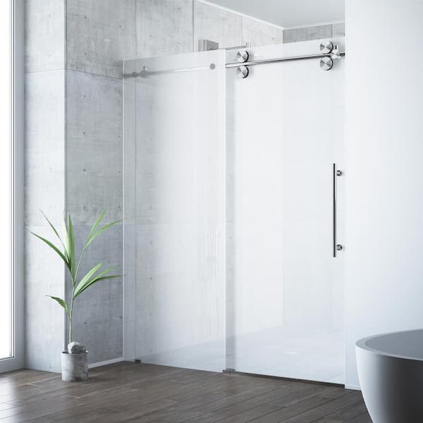 VIGO Elan 56 to 60 in. W x 74 in. H Sliding Frameless Shower Door in Stainless Steel with 3/8 in. (10mm) Frosted Glass
