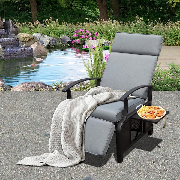 Metal Outdoor Lounge Chair with Flip Table Push Back, Adjustable Angle Design, 6.8 in. Removable Cushions, Gray