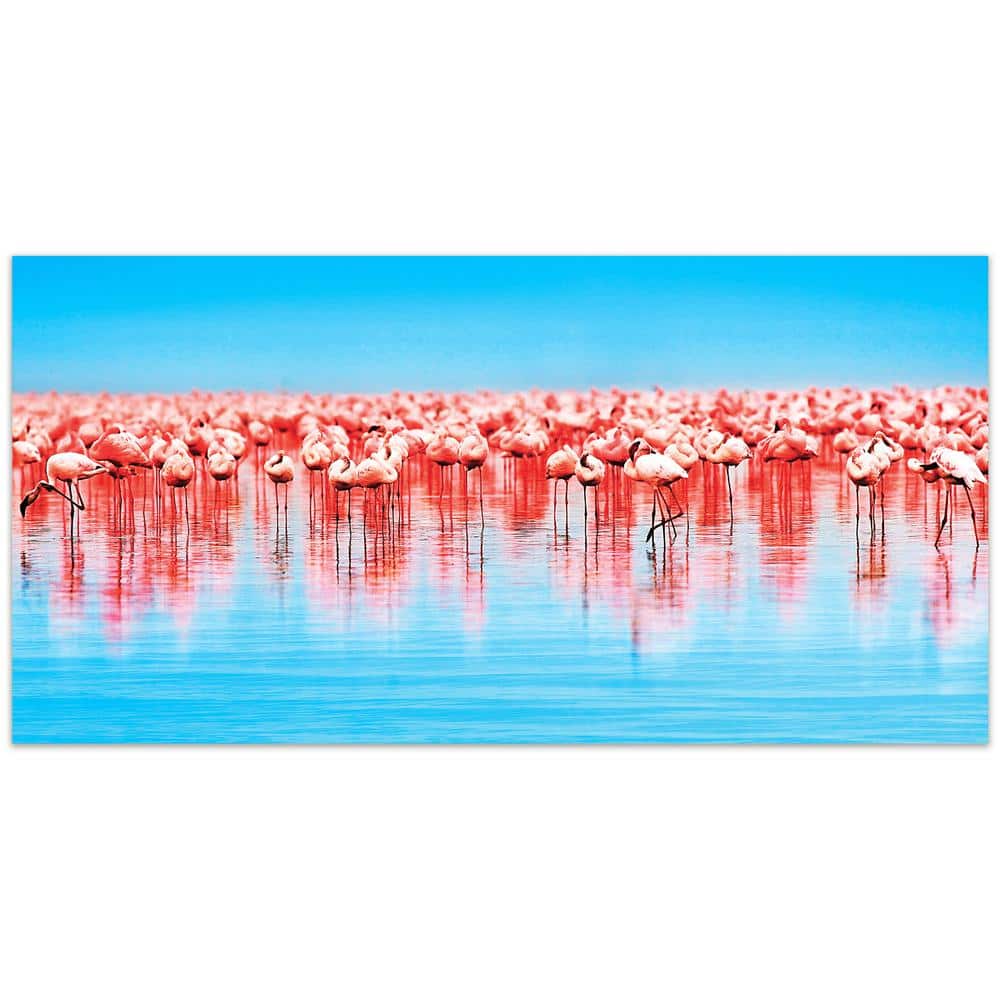 Flamingo Flock Blue and Pink Tempered Glass Wall Art, 24" x 48"