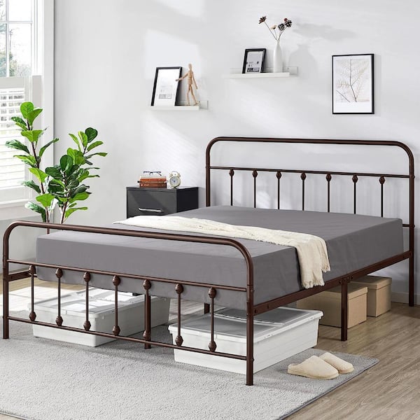VECELO Victorian Bed Frame Bronze Purple, Heavy Duty Metal Bed Frame, Queen Size Platform Bed with Headboard，No Box Spring Need