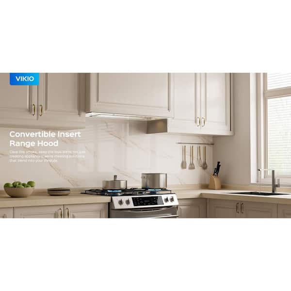 36 in. 900 CFM Ducted to Ductless Convertible Insert Stainless Steel Range Hood and White Glass with Carbon Filters