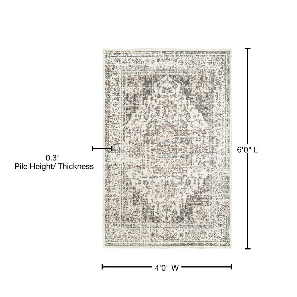 Tanith Cream and Gray Vintage Medallion 4' x 6' Area Rug