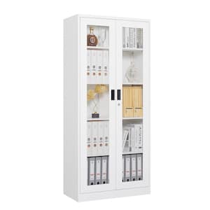 Metal Display Storage Cabinet with Glass Doors 5 Tier Shelves in White 31.5" W x 71" H x 15.7" D