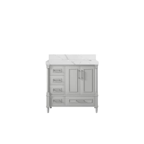 Willow Collections Hudson 36 in. W x 22 in. D x 36 in. H Right Offset Sink Bath Vanity in Coventry Gray with 2 in Calacatta Quartz Top