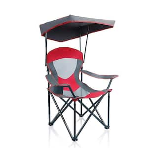Heavy Duty Foldable Lounge Chair with Cup Holder and Sunshade for Camping Hiking, Red
