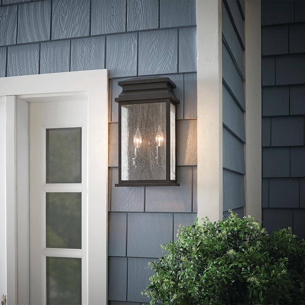 Medium Black Metal Lantern Outdoor Sconce with Seeded Glass
