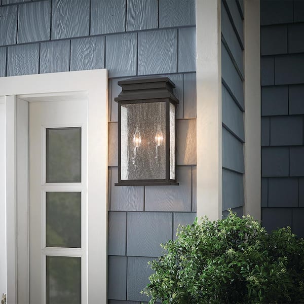 Sirrine 17.25 in. 2-Light Black Outdoor Wall Light Fixture Sconce with Clear Seeded Glass