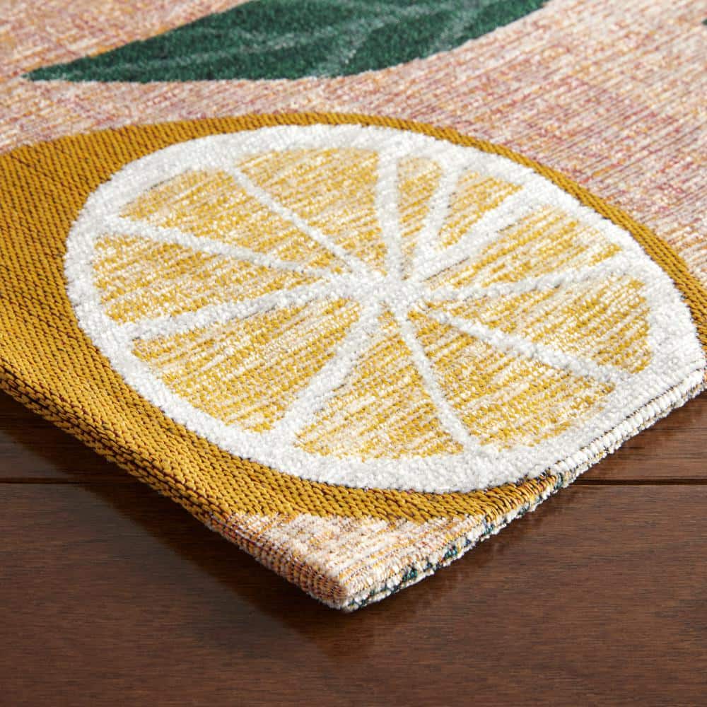 Peach Pink Lemon Print Machine Washable Runner Rug