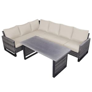3-Piece Rattan Gray Wicker Patio Conversation Outdoor Seating Set with Beige Cushions