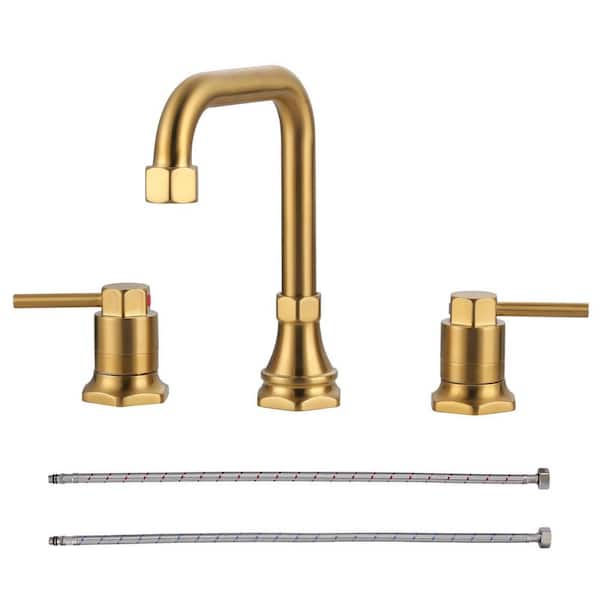 IVIGA 8 in. Widespread Double Handle High Arc Bathroom Faucet with Pop Up Drain Kit and 24 in. Supply Lines in Gold