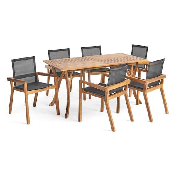 Shanter Teak Brown 7-Piece Wood Rectangle 30 in. Patio Outdoor Dining Set