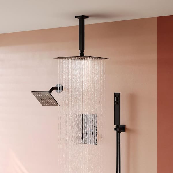 Family-Friendly 7-Spray Multiple Press 12 in. Wall Bar Shower Kit with Anti Scald 2.5 GPM in Matte Black Valve Included