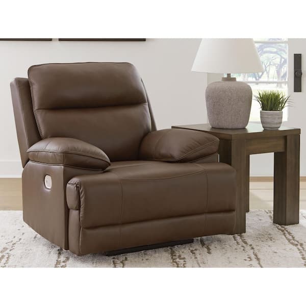 VonRyan Brown Leather Match Standard Power Recliner with Adjustable Headrest