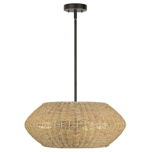 Serene 20 in. 4-Light Rattan Geometric Pendant Chandelier Light with Matte Black Finish and Adjustable Height