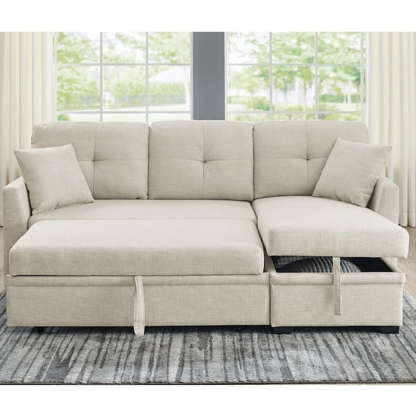 83 in. W Beige Polyester Queen Size Sofa Bed with Storage and Tufted Cushions for Bedroom, Living Room