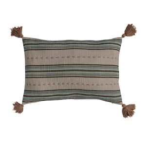 Multicolored Hand-Embroidered Striped 20 in. x 14 in. Throw Pillow with Tassels