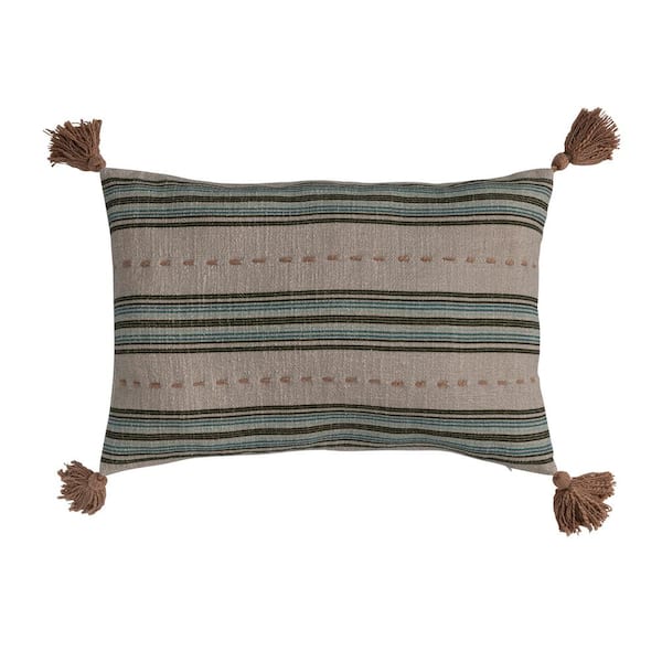 Storied Home Multicolored Hand-Embroidered Striped 20 in. x 14 in. Throw Pillow with Tassels