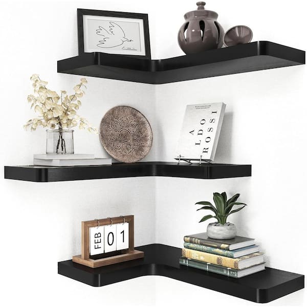 Cubilan 16 in. W x 11.4 in. x 1 in. H Black Decorative Wall Shelf, Corner Floating Shelves, Set of 3