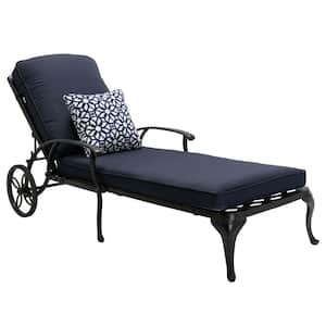 Antique Bronze 1-Piece Aluminum Adjustable Reclining Outdoor Chaise Lounge with Blue Cushion