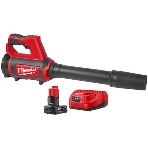 Milwaukee M12 12V Lithium-Ion Cordless Compact Spot Blower with XC Battery Pack 4.0 Ah and Charger Starter Kit