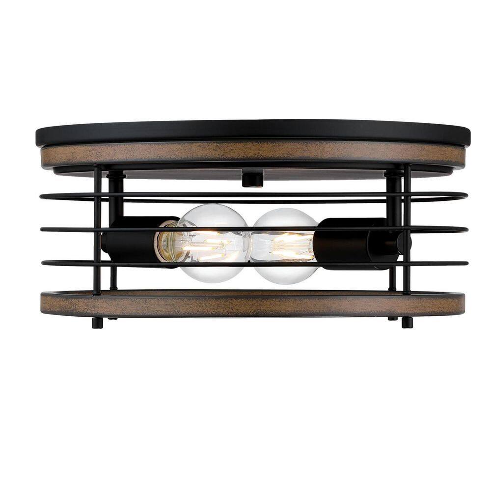 Matte Black and Barnwood 13" Flush Mount Drum Ceiling Light