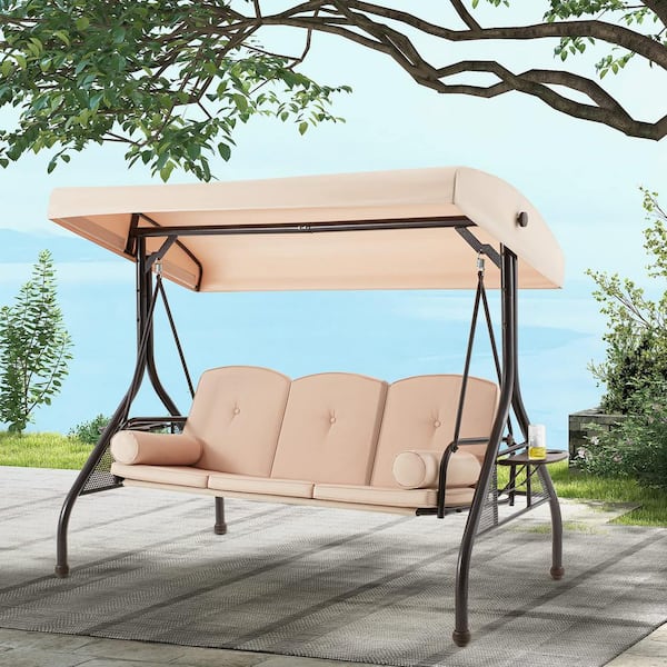 Costway converting outdoor swing canopy hammock 3 seats patio deck best sale furniture beige