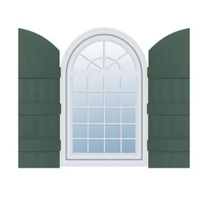 14 in. W x 69 in. H Vinyl Exterior Arch Top Joined Board and Batten Shutters Pair in Forest Green