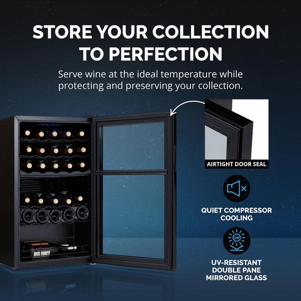 Newair 33 Bottle Black Freestanding Wine Refrigerator with Mirrored Glass Door
