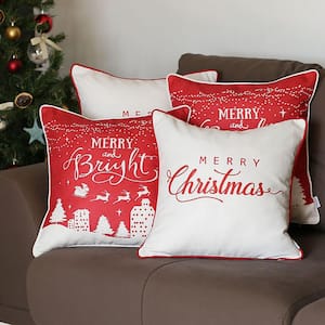 Merry Christmas Decorative Throw Pillow Square 18 in. x 18 in. White and Red for Couch, Bedding (Set of 4)