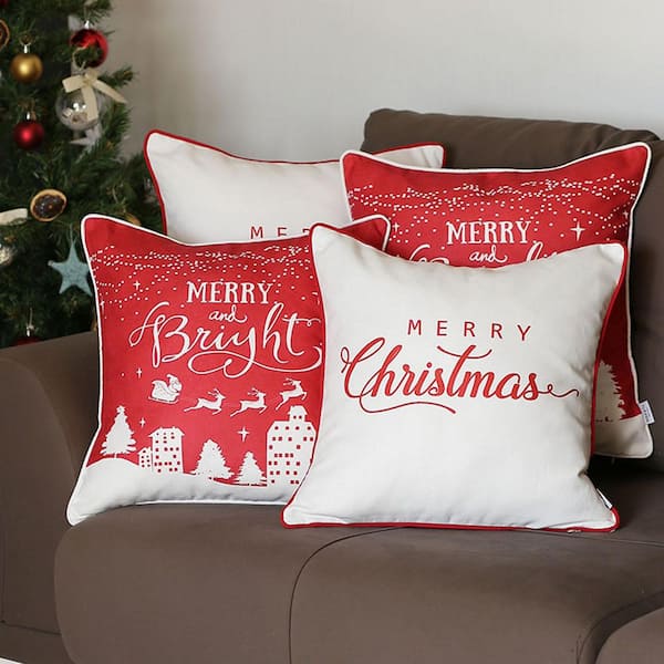 MIKE & Co. NEW YORK Merry Christmas Decorative Throw Pillow Square 18 in. x 18 in. White and Red for Couch, Bedding (Set of 4)