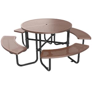 46 in. Brown Outdoor Round Steel Picnic Table Seats 8-People with Umbrella Hole