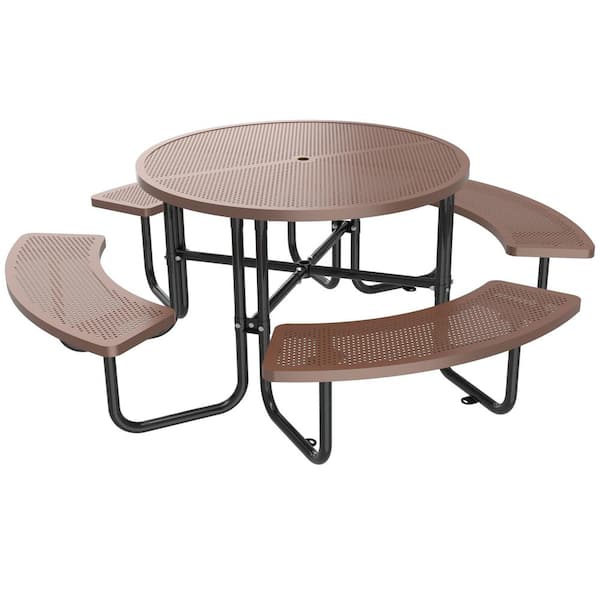 Thanaddo 46 in. Brown Outdoor Round Steel Picnic Table Seats 8-People with Umbrella Hole
