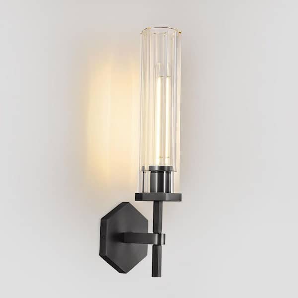 PUYRNF 18.5 in. 1-Light Black Glass Wall Sconce With Hexagonal Shade For Living Room, Bedroom, Fireplace, Staircase, Kitchen