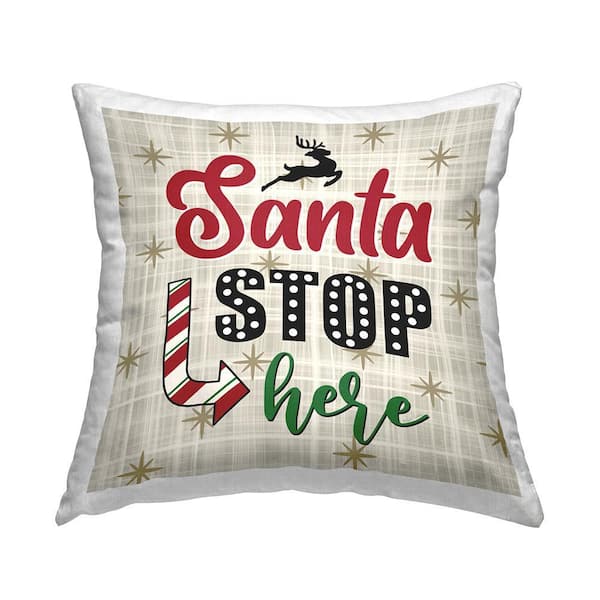 Santa Stop Here Tartan Phrase Multi-Color Plaid Polyester 18in. X 18in. Throw Pillow