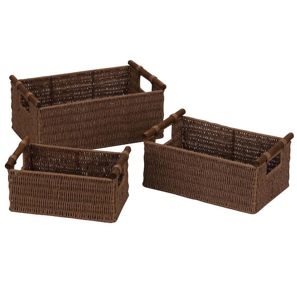 HOUSEHOLD ESSENTIALS Rich Brown Stained Paper Rope Set of 3 Basket with Wood Handles
