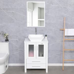 24 in. W x 20 in. D x 32 in. H Single Sink Bath Vanity in White with Ceramic Vessel Sink Top Chrome Faucet and Mirror