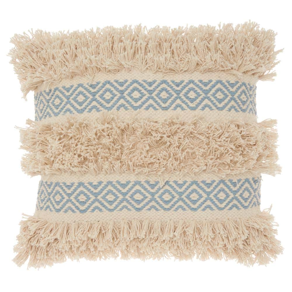 Ocean Blue and Beige Cotton Diamond Stripe 18'' Square Throw Pillow