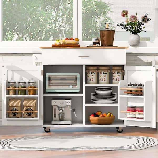 White Rubber Wood Top 39 in. Kitchen Island with Drop Leaf, Cabinet door internal storage racks and Spacious Drawers