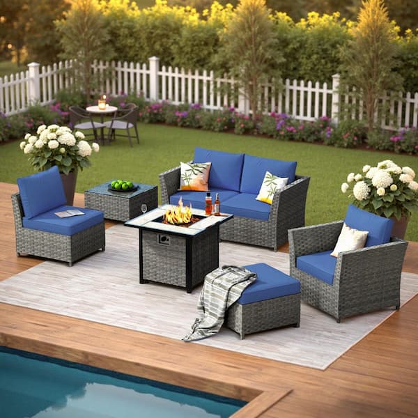 OVIOS Bexley Gray 7-Piece Wicker Fire Pit Patio Conversation Seating Set with Navy Blue Cushions