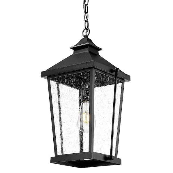 JAZAVA 20 in. 1-light Black Finish Outdoor Pendant Light with Seeded Glass and No Bulbs Included