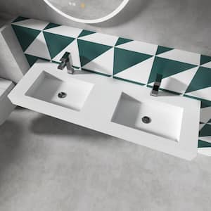 59 in. x 19 in. Solid Surface Wall-Mounted Bathroom Double Vessel Sinks in White with Faucet Holes