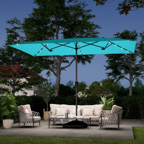 11 x 7 ft. Steel LED Large Double-Sided Rectangular Outdoor Market Patio Umbrella with Crank in Lake Blue